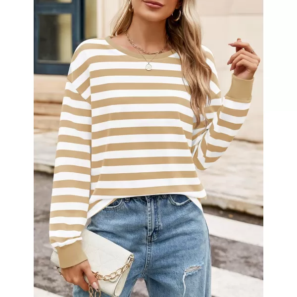 ZESICA Womens Long Sleeve Striped Shirts Fall Crewneck Casual Loose Fit Tunic TopsKhaki