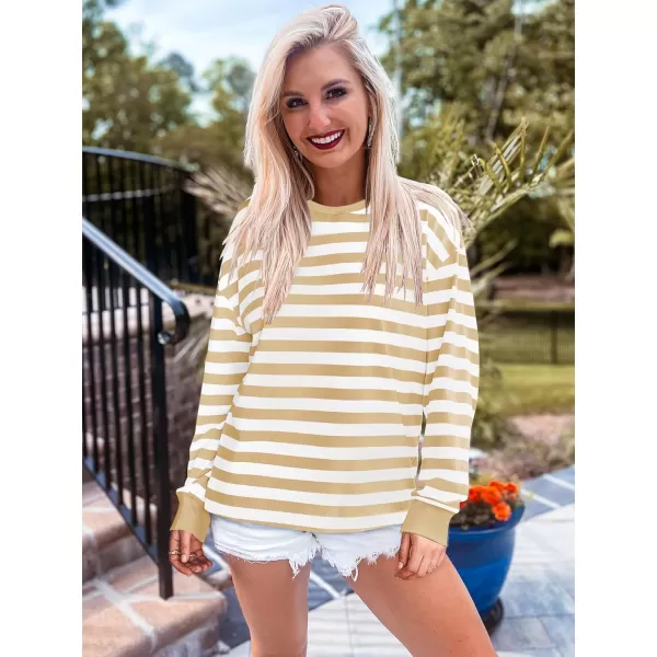 ZESICA Womens Long Sleeve Striped Shirts Fall Crewneck Casual Loose Fit Tunic TopsKhaki