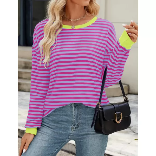 ZESICA Womens Long Sleeve Striped Shirts Fall Crewneck Casual Loose Fit Tunic TopsMagenta