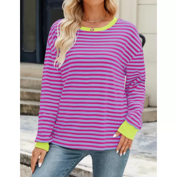 ZESICA Womens Long Sleeve Striped Shirts Fall Crewneck Casual Loose Fit Tunic TopsMagenta