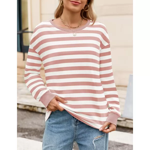 ZESICA Womens Long Sleeve Striped Shirts Fall Crewneck Casual Loose Fit Tunic TopsPink