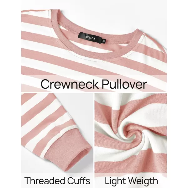 ZESICA Womens Long Sleeve Striped Shirts Fall Crewneck Casual Loose Fit Tunic TopsPink