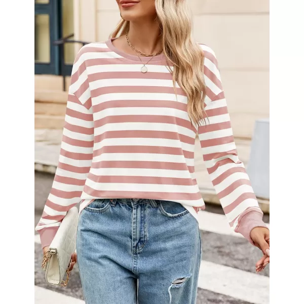 ZESICA Womens Long Sleeve Striped Shirts Fall Crewneck Casual Loose Fit Tunic TopsPink