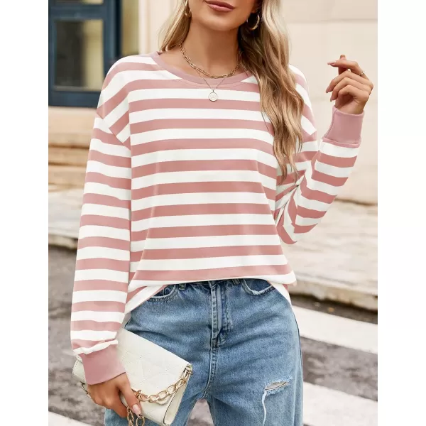 ZESICA Womens Long Sleeve Striped Shirts Fall Crewneck Casual Loose Fit Tunic TopsPink