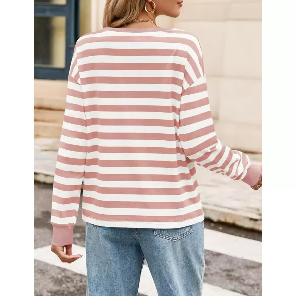 ZESICA Womens Long Sleeve Striped Shirts Fall Crewneck Casual Loose Fit Tunic TopsPink