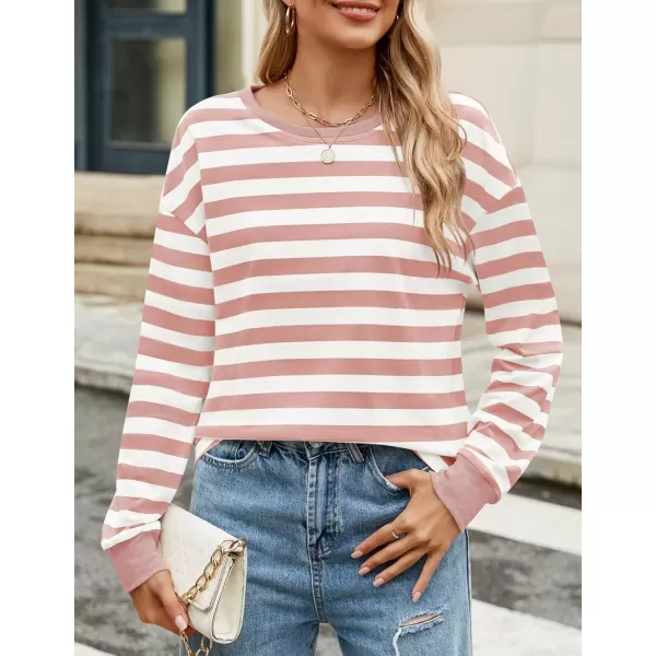 ZESICA Womens Long Sleeve Striped Shirts Fall Crewneck Casual Loose Fit Tunic TopsPink