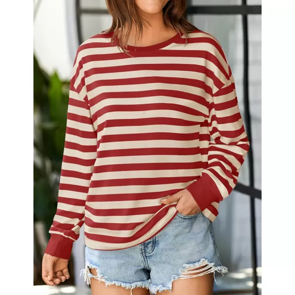 ZESICA Womens Long Sleeve Striped Shirts Fall Crewneck Casual Loose Fit Tunic TopsRed
