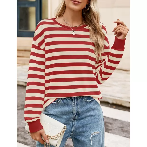 ZESICA Womens Long Sleeve Striped Shirts Fall Crewneck Casual Loose Fit Tunic TopsRed
