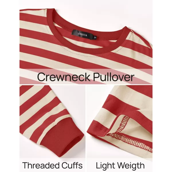 ZESICA Womens Long Sleeve Striped Shirts Fall Crewneck Casual Loose Fit Tunic TopsRed