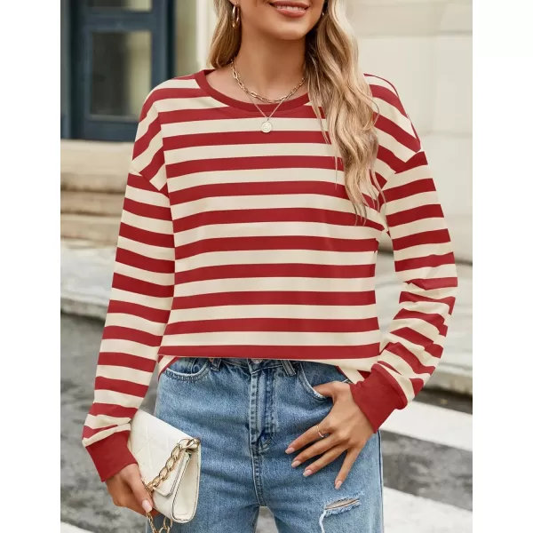 ZESICA Womens Long Sleeve Striped Shirts Fall Crewneck Casual Loose Fit Tunic TopsRed