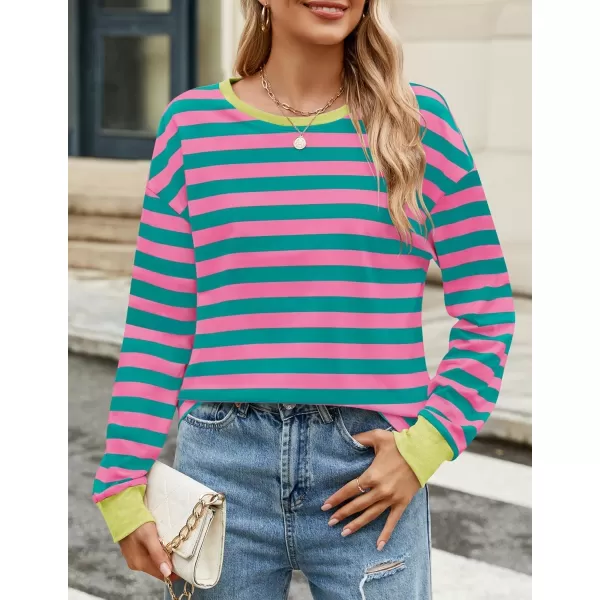 ZESICA Womens Long Sleeve Striped Shirts Fall Crewneck Casual Loose Fit Tunic TopsRose
