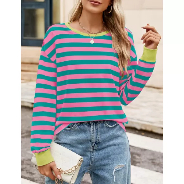 ZESICA Womens Long Sleeve Striped Shirts Fall Crewneck Casual Loose Fit Tunic TopsRose