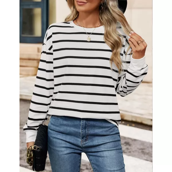 ZESICA Womens Long Sleeve Striped Shirts Fall Crewneck Casual Loose Fit Tunic TopsWhite