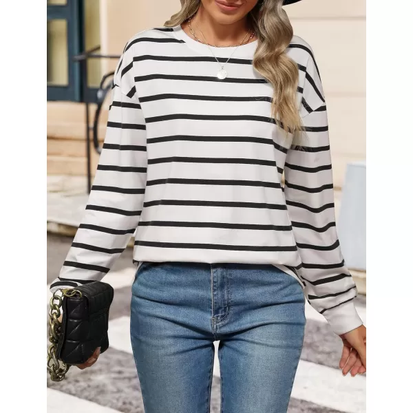 ZESICA Womens Long Sleeve Striped Shirts Fall Crewneck Casual Loose Fit Tunic TopsWhite
