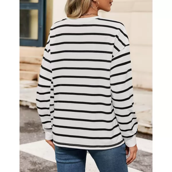 ZESICA Womens Long Sleeve Striped Shirts Fall Crewneck Casual Loose Fit Tunic TopsWhite