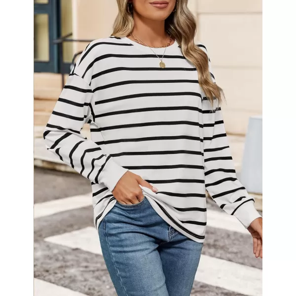 ZESICA Womens Long Sleeve Striped Shirts Fall Crewneck Casual Loose Fit Tunic TopsWhite