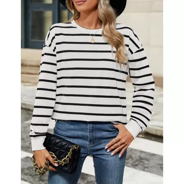 ZESICA Womens Long Sleeve Striped Shirts Fall Crewneck Casual Loose Fit Tunic TopsWhite