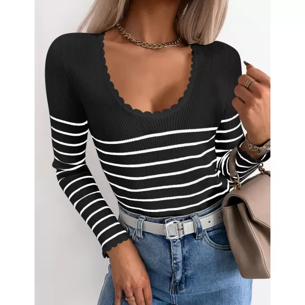 ZESICA Womens Long Sleeve Striped Tops 2024 Fall Scoop Neck Slim Fit Ribbed Knit Sweater Basic Casual Tee ShirtsBlack