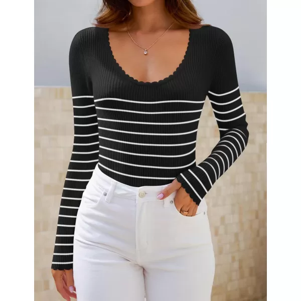 ZESICA Womens Long Sleeve Striped Tops 2024 Fall Scoop Neck Slim Fit Ribbed Knit Sweater Basic Casual Tee ShirtsBlack