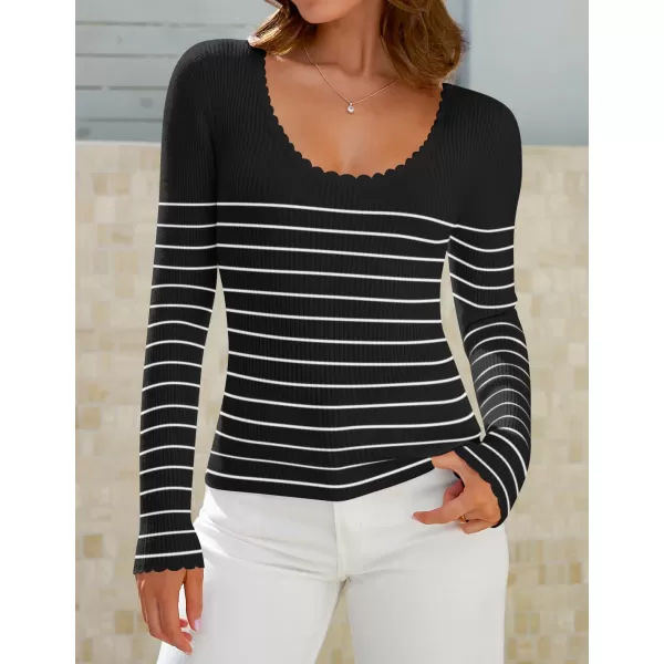 ZESICA Womens Long Sleeve Striped Tops 2024 Fall Scoop Neck Slim Fit Ribbed Knit Sweater Basic Casual Tee ShirtsBlack
