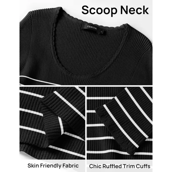 ZESICA Womens Long Sleeve Striped Tops 2024 Fall Scoop Neck Slim Fit Ribbed Knit Sweater Basic Casual Tee ShirtsBlack