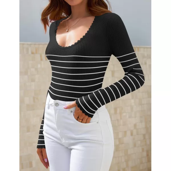 ZESICA Womens Long Sleeve Striped Tops 2024 Fall Scoop Neck Slim Fit Ribbed Knit Sweater Basic Casual Tee ShirtsBlack