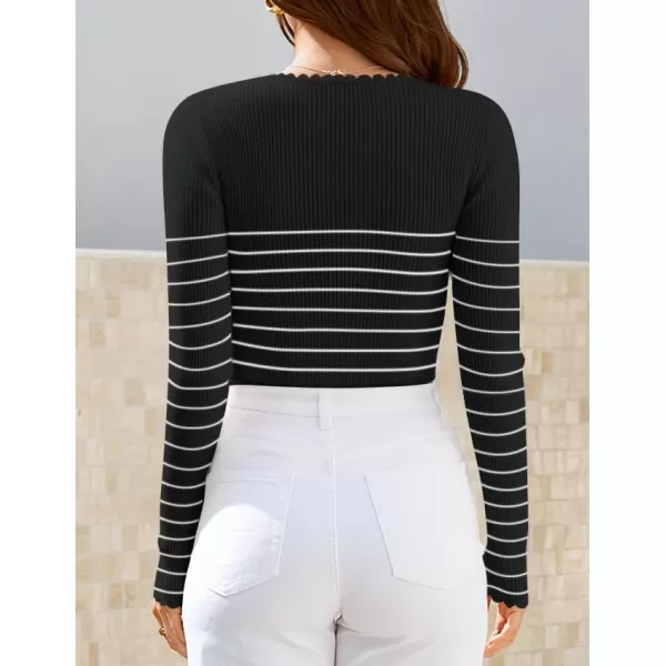 ZESICA Womens Long Sleeve Striped Tops 2024 Fall Scoop Neck Slim Fit Ribbed Knit Sweater Basic Casual Tee ShirtsBlack