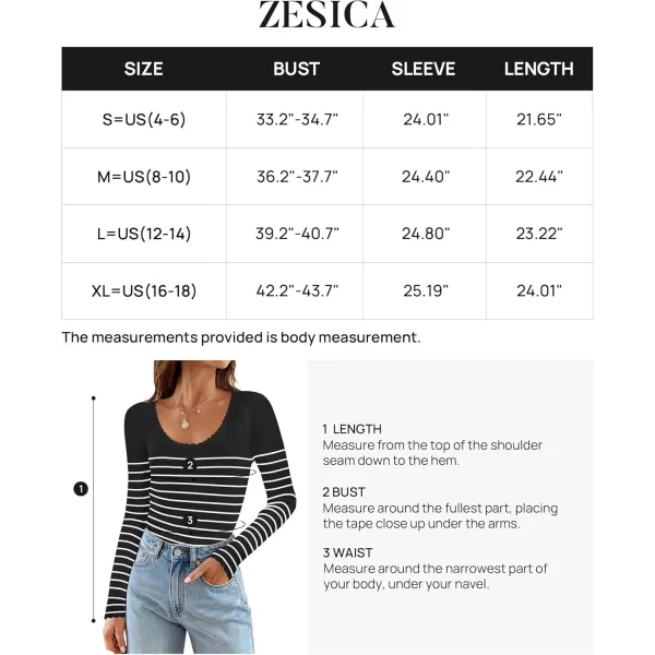ZESICA Womens Long Sleeve Striped Tops 2024 Fall Scoop Neck Slim Fit Ribbed Knit Sweater Basic Casual Tee ShirtsBlack