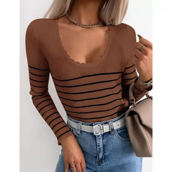 ZESICA Womens Long Sleeve Striped Tops 2024 Fall Scoop Neck Slim Fit Ribbed Knit Sweater Basic Casual Tee ShirtsBrown