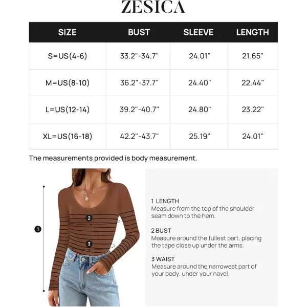 ZESICA Womens Long Sleeve Striped Tops 2024 Fall Scoop Neck Slim Fit Ribbed Knit Sweater Basic Casual Tee ShirtsBrown