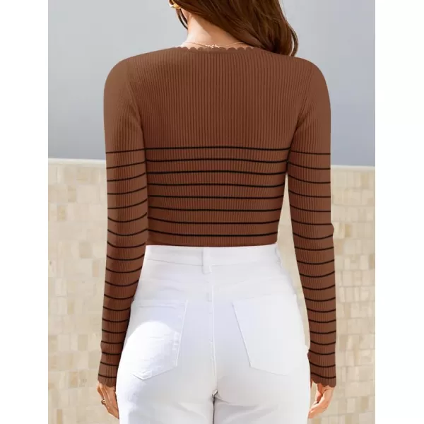ZESICA Womens Long Sleeve Striped Tops 2024 Fall Scoop Neck Slim Fit Ribbed Knit Sweater Basic Casual Tee ShirtsBrown