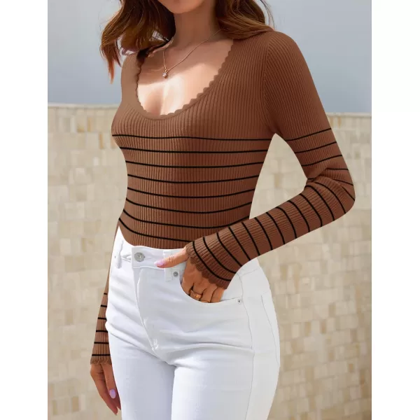 ZESICA Womens Long Sleeve Striped Tops 2024 Fall Scoop Neck Slim Fit Ribbed Knit Sweater Basic Casual Tee ShirtsBrown