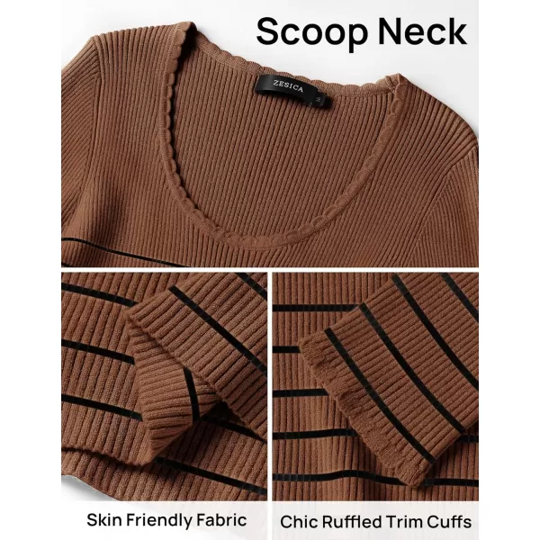 ZESICA Womens Long Sleeve Striped Tops 2024 Fall Scoop Neck Slim Fit Ribbed Knit Sweater Basic Casual Tee ShirtsBrown