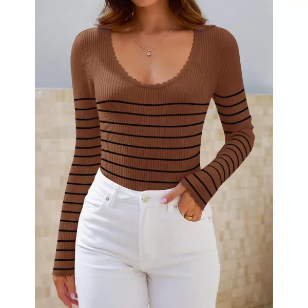 ZESICA Womens Long Sleeve Striped Tops 2024 Fall Scoop Neck Slim Fit Ribbed Knit Sweater Basic Casual Tee ShirtsBrown