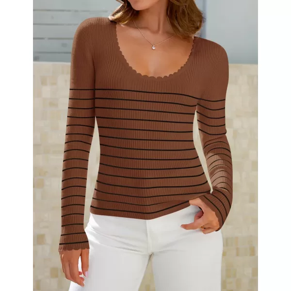 ZESICA Womens Long Sleeve Striped Tops 2024 Fall Scoop Neck Slim Fit Ribbed Knit Sweater Basic Casual Tee ShirtsBrown