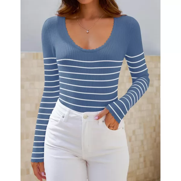 ZESICA Womens Long Sleeve Striped Tops 2024 Fall Scoop Neck Slim Fit Ribbed Knit Sweater Basic Casual Tee ShirtsDustyblue