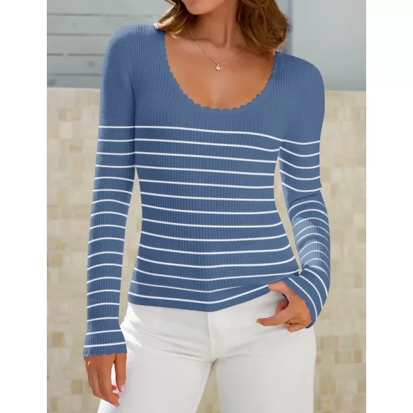 ZESICA Womens Long Sleeve Striped Tops 2024 Fall Scoop Neck Slim Fit Ribbed Knit Sweater Basic Casual Tee ShirtsDustyblue