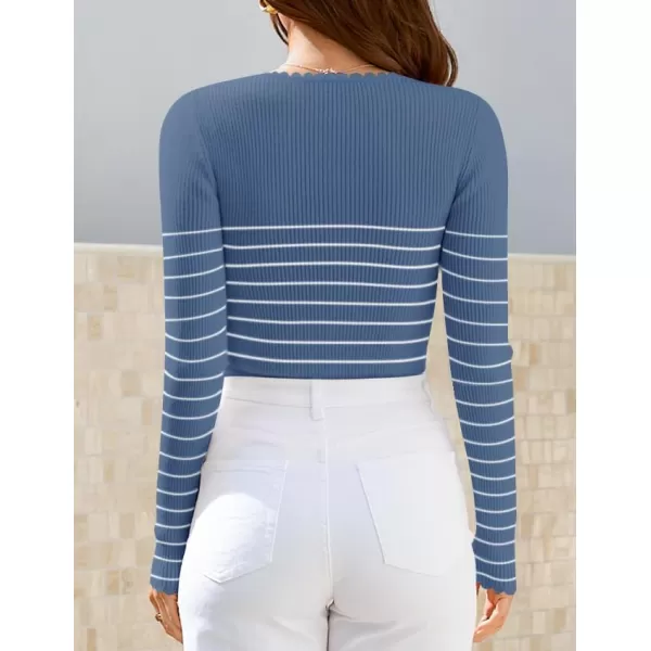 ZESICA Womens Long Sleeve Striped Tops 2024 Fall Scoop Neck Slim Fit Ribbed Knit Sweater Basic Casual Tee ShirtsDustyblue