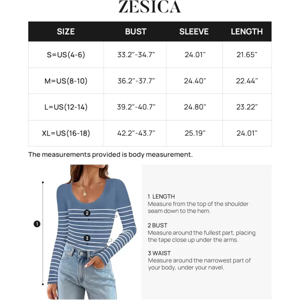ZESICA Womens Long Sleeve Striped Tops 2024 Fall Scoop Neck Slim Fit Ribbed Knit Sweater Basic Casual Tee ShirtsDustyblue