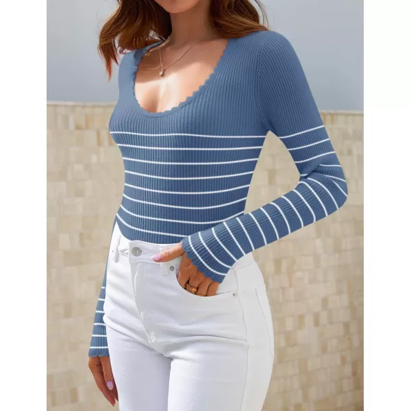 ZESICA Womens Long Sleeve Striped Tops 2024 Fall Scoop Neck Slim Fit Ribbed Knit Sweater Basic Casual Tee ShirtsDustyblue