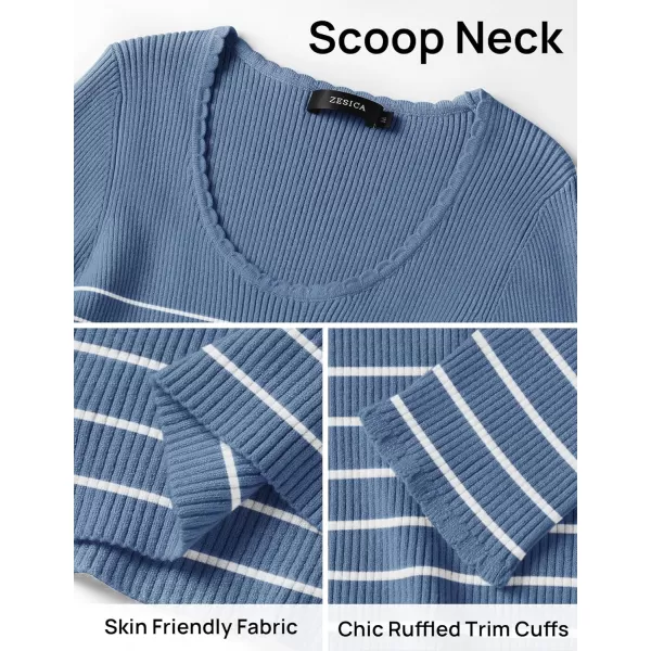 ZESICA Womens Long Sleeve Striped Tops 2024 Fall Scoop Neck Slim Fit Ribbed Knit Sweater Basic Casual Tee ShirtsDustyblue