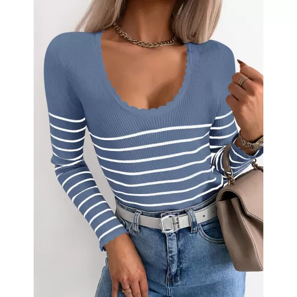 ZESICA Womens Long Sleeve Striped Tops 2024 Fall Scoop Neck Slim Fit Ribbed Knit Sweater Basic Casual Tee ShirtsDustyblue