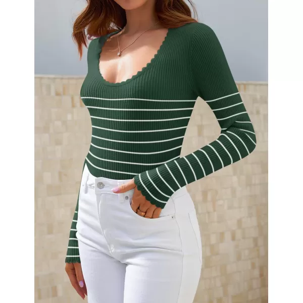 ZESICA Womens Long Sleeve Striped Tops 2024 Fall Scoop Neck Slim Fit Ribbed Knit Sweater Basic Casual Tee ShirtsGreen