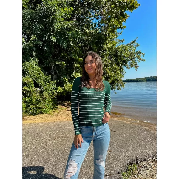 ZESICA Womens Long Sleeve Striped Tops 2024 Fall Scoop Neck Slim Fit Ribbed Knit Sweater Basic Casual Tee ShirtsGreen