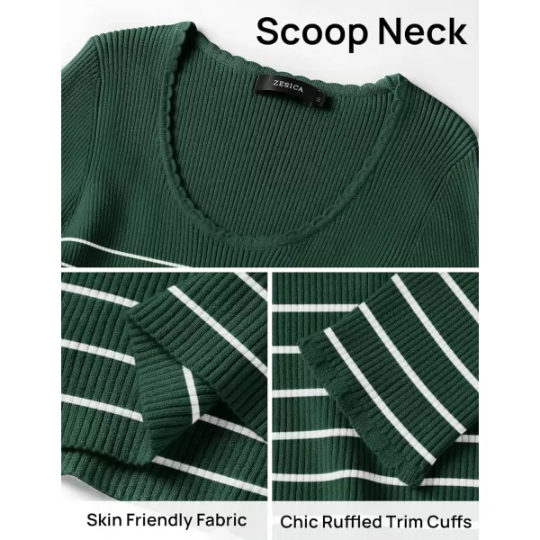 ZESICA Womens Long Sleeve Striped Tops 2024 Fall Scoop Neck Slim Fit Ribbed Knit Sweater Basic Casual Tee ShirtsGreen