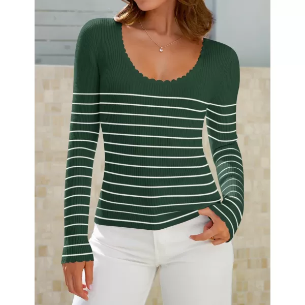 ZESICA Womens Long Sleeve Striped Tops 2024 Fall Scoop Neck Slim Fit Ribbed Knit Sweater Basic Casual Tee ShirtsGreen