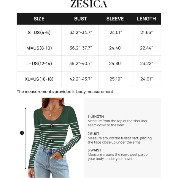 ZESICA Womens Long Sleeve Striped Tops 2024 Fall Scoop Neck Slim Fit Ribbed Knit Sweater Basic Casual Tee ShirtsGreen
