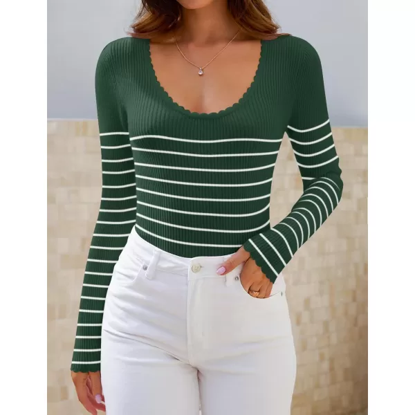 ZESICA Womens Long Sleeve Striped Tops 2024 Fall Scoop Neck Slim Fit Ribbed Knit Sweater Basic Casual Tee ShirtsGreen