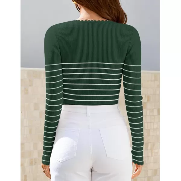 ZESICA Womens Long Sleeve Striped Tops 2024 Fall Scoop Neck Slim Fit Ribbed Knit Sweater Basic Casual Tee ShirtsGreen