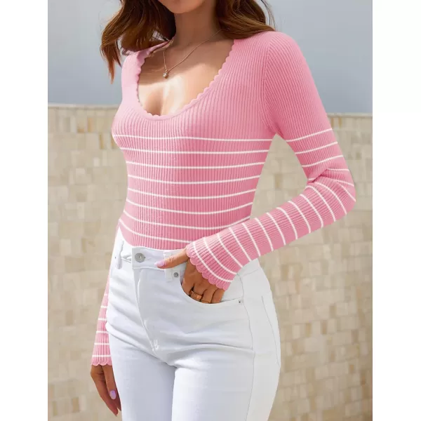 ZESICA Womens Long Sleeve Striped Tops 2024 Fall Scoop Neck Slim Fit Ribbed Knit Sweater Basic Casual Tee ShirtsPink